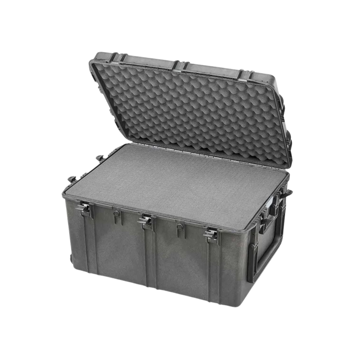 Black waterproof hard cargo case with lid open and textured foam insert on the cover